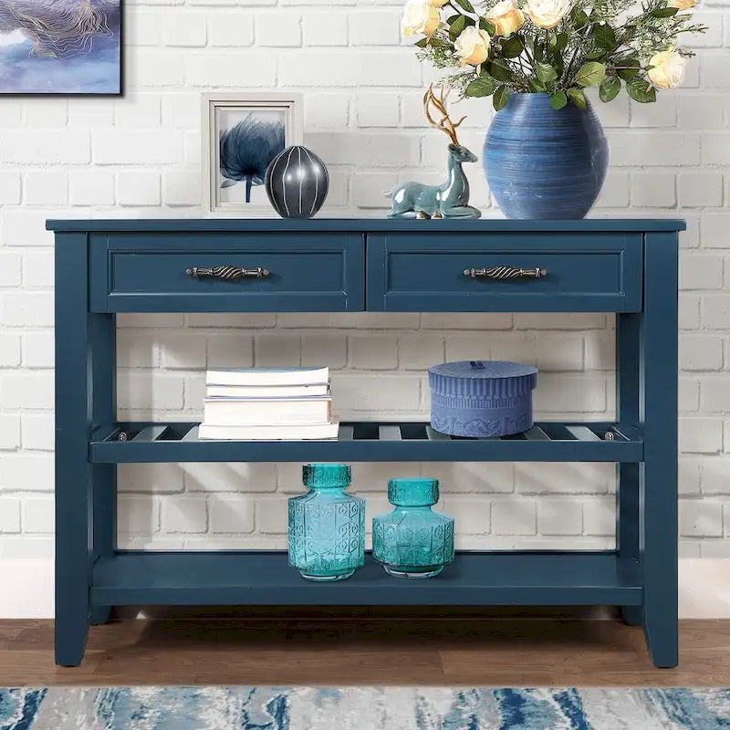 Consolle in stile Mid-Century, tavolo da divano, credenza in legno massello con 2 cassetti e 2 ripiani