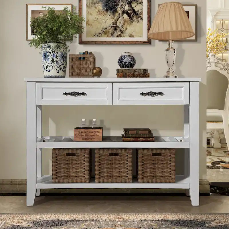 Consolle in stile Mid-Century, tavolo da divano, credenza in legno massello con 2 cassetti e 2 ripiani