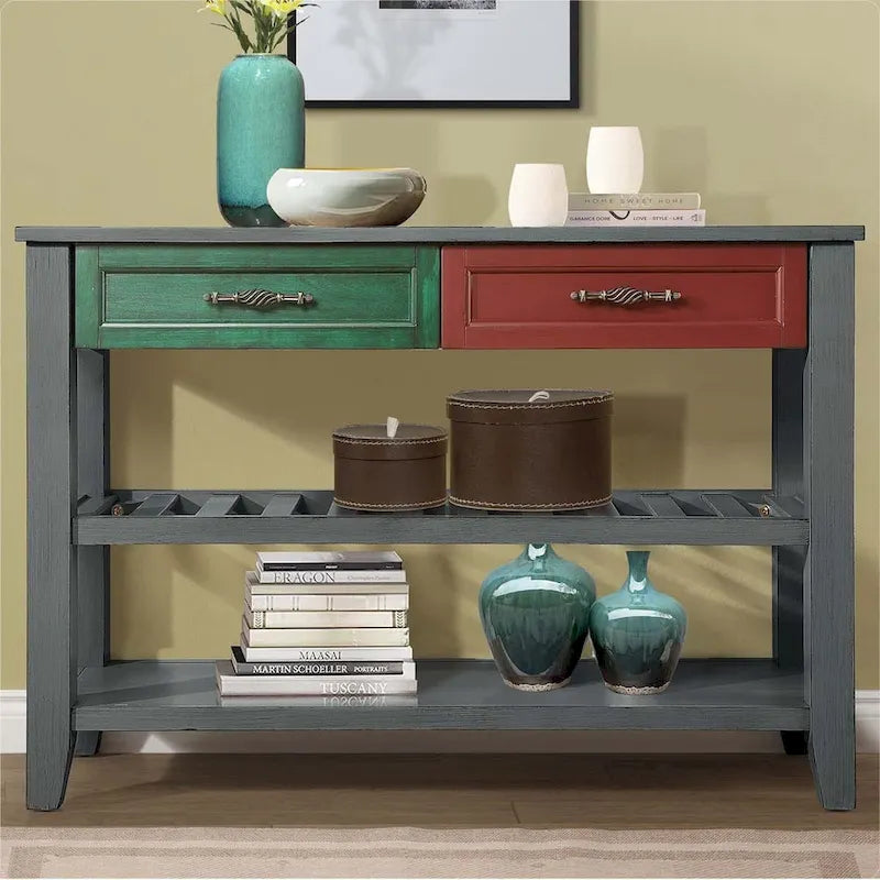 Consolle in stile Mid-Century, tavolo da divano, credenza in legno massello con 2 cassetti e 2 ripiani