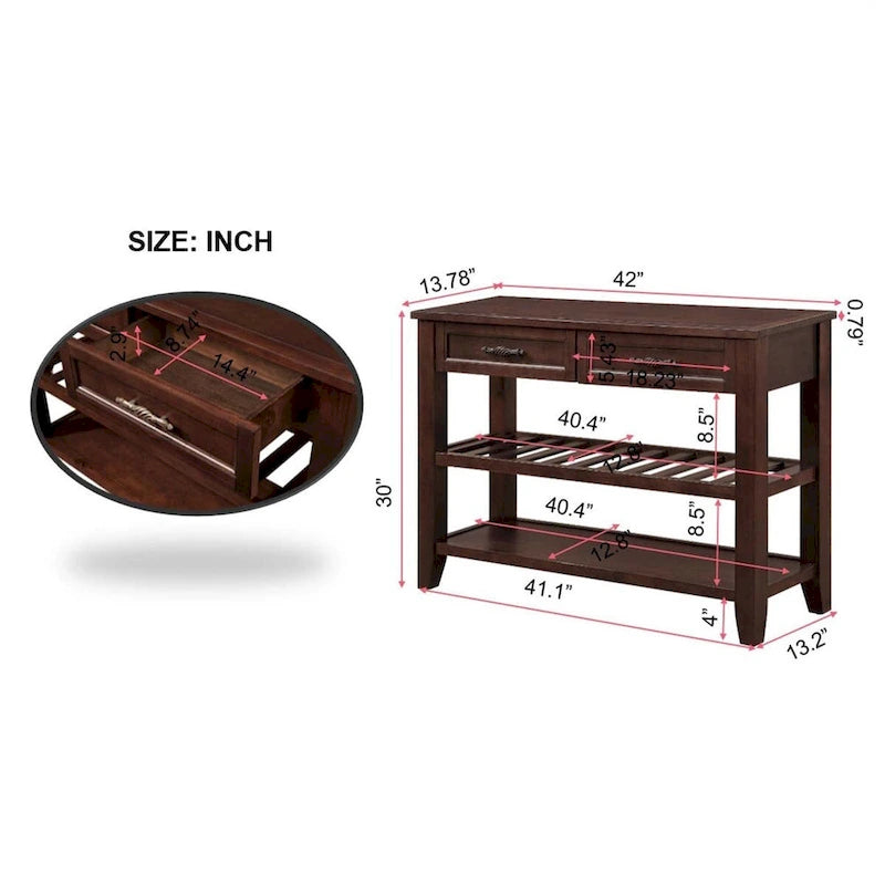 Consolle in stile Mid-Century, tavolo da divano, credenza in legno massello con 2 cassetti e 2 ripiani