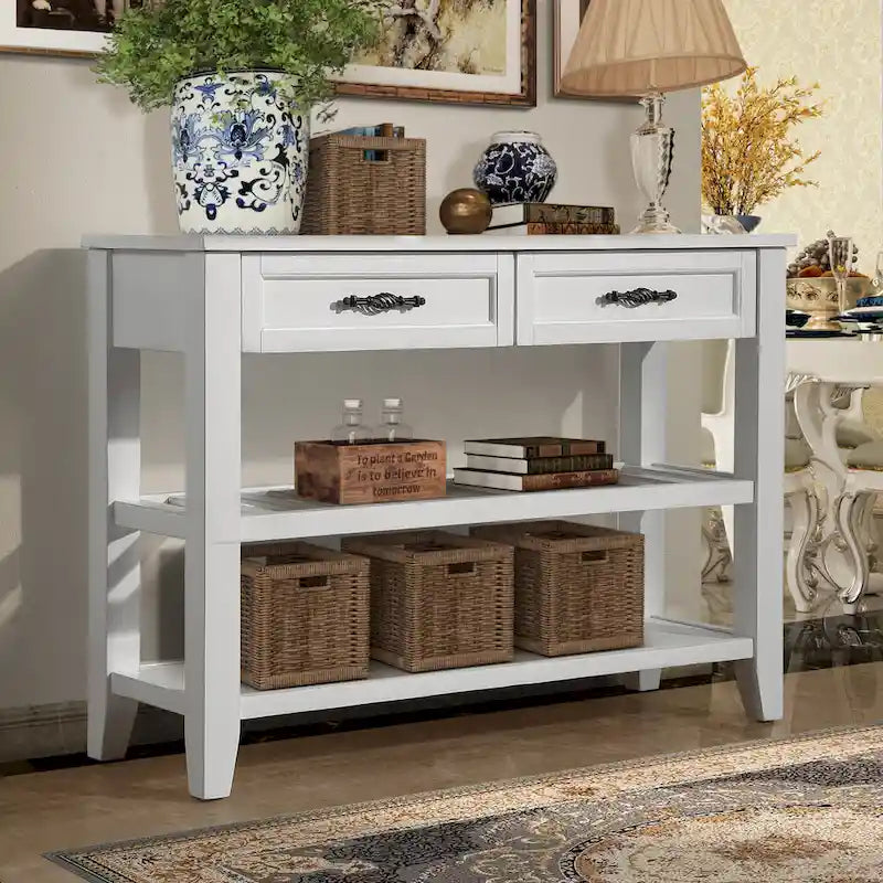 Consolle in stile Mid-Century, tavolo da divano, credenza in legno massello con 2 cassetti e 2 ripiani