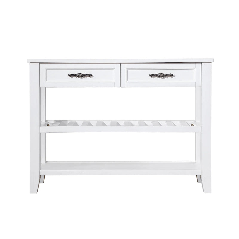 Consolle in stile Mid-Century, tavolo da divano, credenza in legno massello con 2 cassetti e 2 ripiani