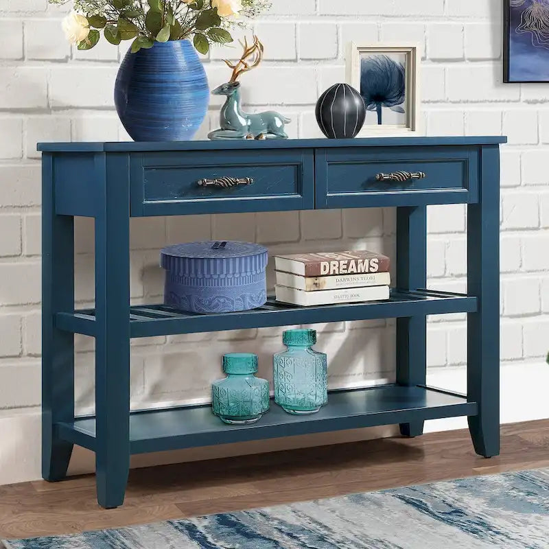 Consolle in stile Mid-Century, tavolo da divano, credenza in legno massello con 2 cassetti e 2 ripiani