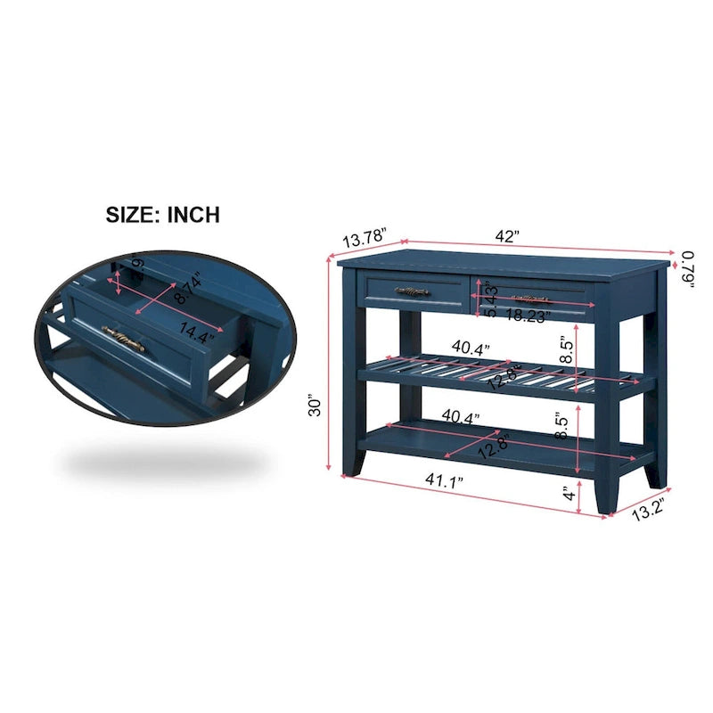 Consolle in stile Mid-Century, tavolo da divano, credenza in legno massello con 2 cassetti e 2 ripiani