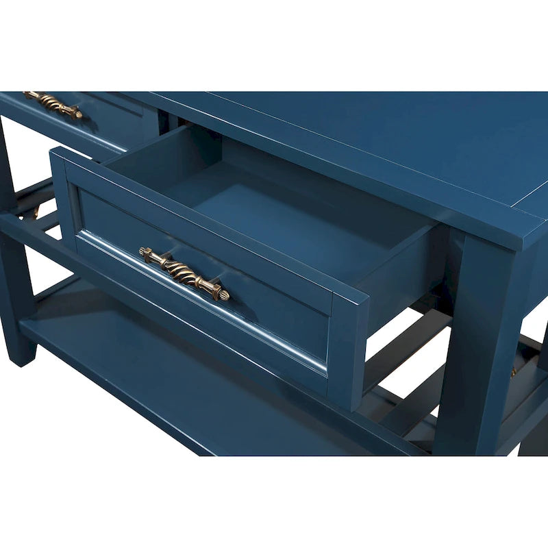 Consolle in stile Mid-Century, tavolo da divano, credenza in legno massello con 2 cassetti e 2 ripiani