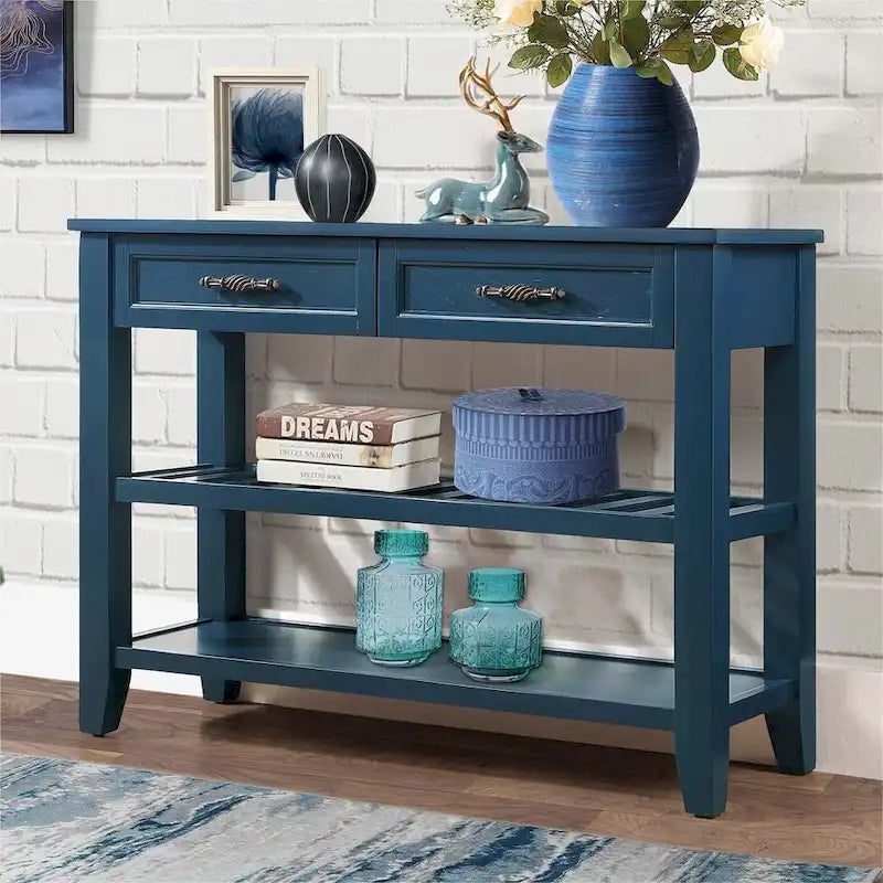 Consolle in stile Mid-Century, tavolo da divano, credenza in legno massello con 2 cassetti e 2 ripiani
