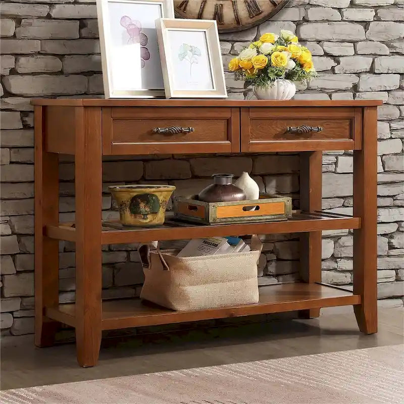 Consolle in stile Mid-Century, tavolo da divano, credenza in legno massello con 2 cassetti e 2 ripiani