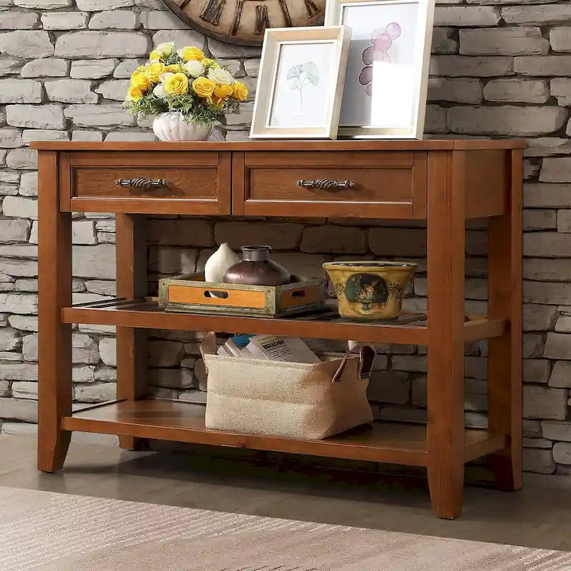Consolle in stile Mid-Century, tavolo da divano, credenza in legno massello con 2 cassetti e 2 ripiani