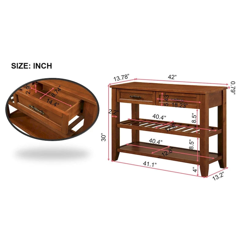 Consolle in stile Mid-Century, tavolo da divano, credenza in legno massello con 2 cassetti e 2 ripiani