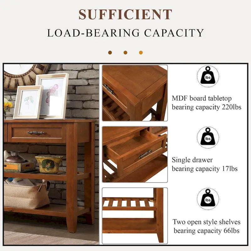 Consolle in stile Mid-Century, tavolo da divano, credenza in legno massello con 2 cassetti e 2 ripiani