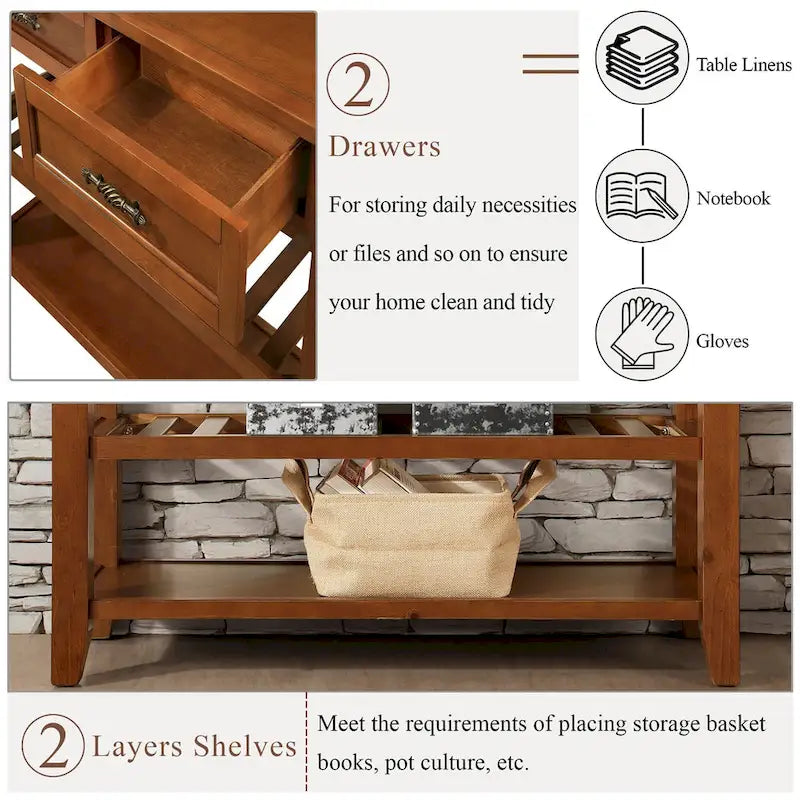 Consolle in stile Mid-Century, tavolo da divano, credenza in legno massello con 2 cassetti e 2 ripiani