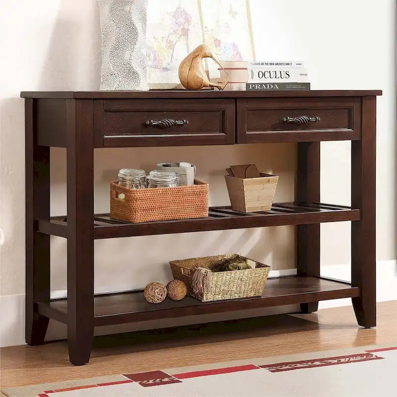 Consolle in stile Mid-Century, tavolo da divano, credenza in legno massello con 2 cassetti e 2 ripiani