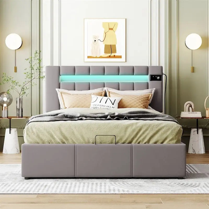 Letto contenitore idraulico imbottito Merax con luce LED, lettore Bluetooth e ricarica USB