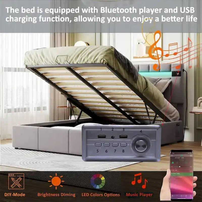 Letto contenitore idraulico imbottito Merax con luce LED, lettore Bluetooth e ricarica USB