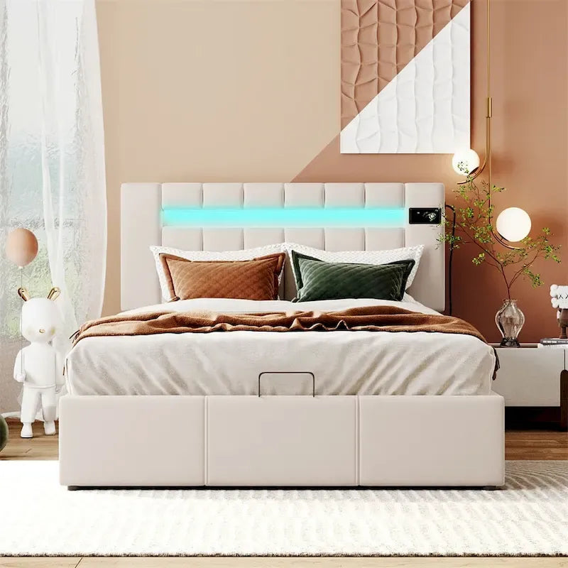 Letto contenitore idraulico imbottito Merax con luce LED, lettore Bluetooth e ricarica USB