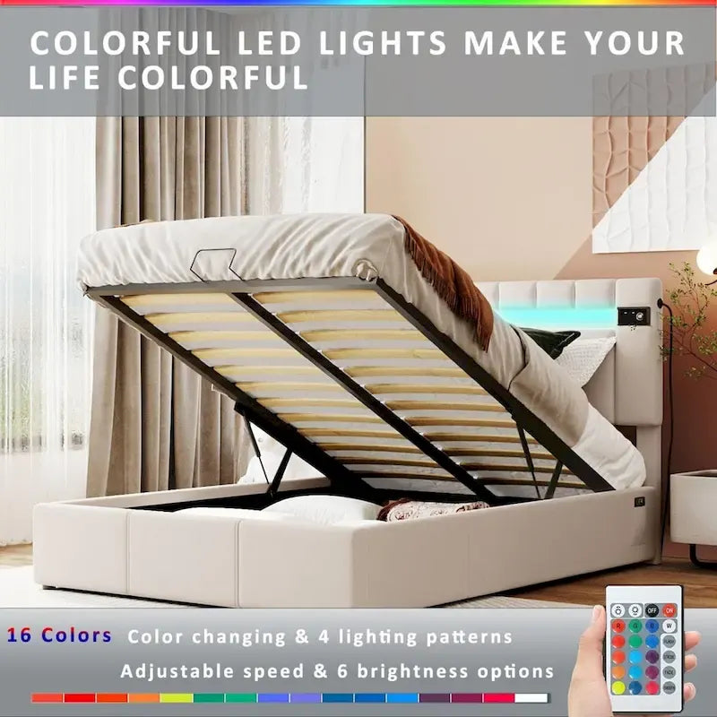 Letto contenitore idraulico imbottito Merax con luce LED, lettore Bluetooth e ricarica USB