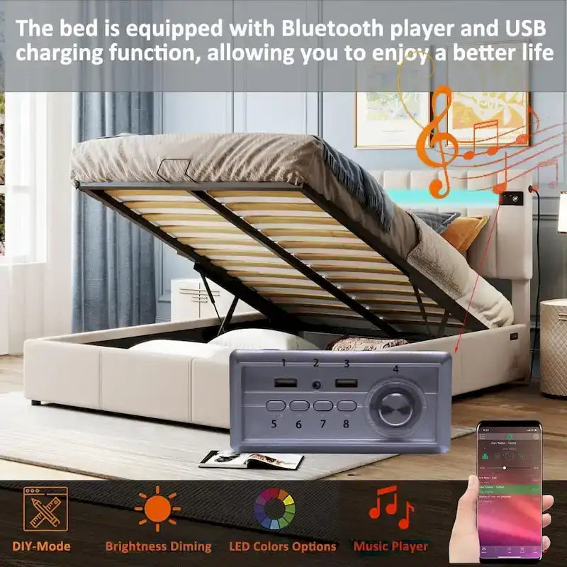 Letto contenitore idraulico imbottito Merax con luce LED, lettore Bluetooth e ricarica USB