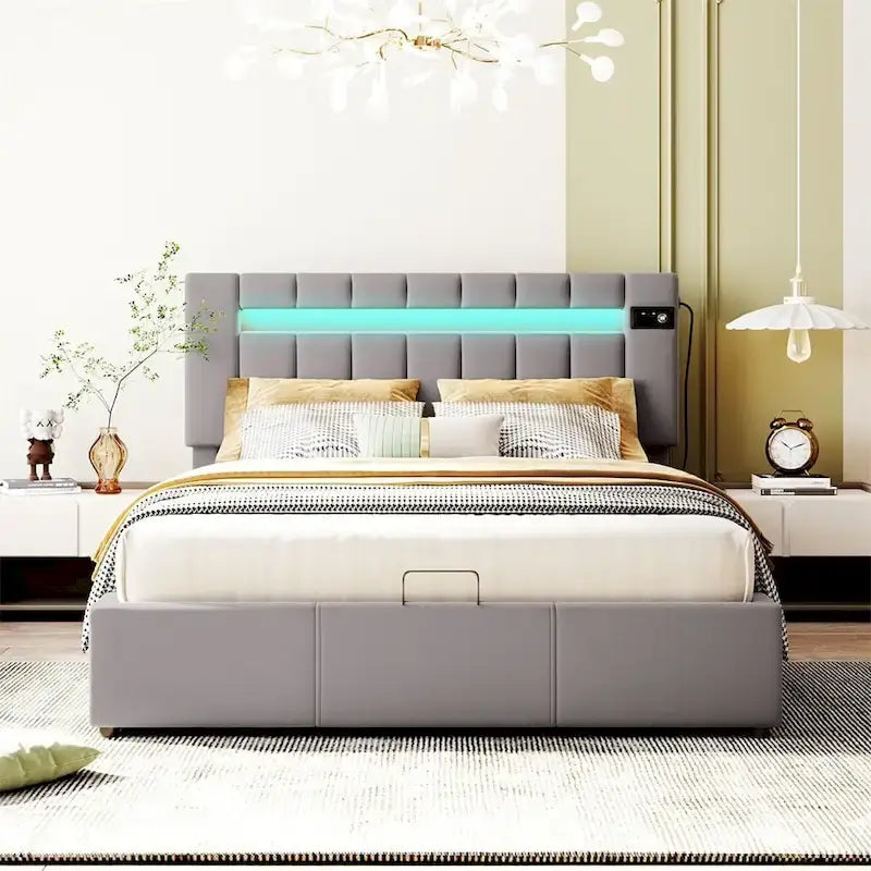 Letto contenitore idraulico imbottito Merax con luce LED, lettore Bluetooth e ricarica USB