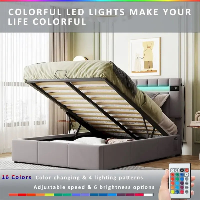 Letto contenitore idraulico imbottito Merax con luce LED, lettore Bluetooth e ricarica USB