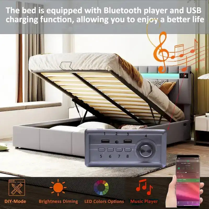 Letto contenitore idraulico imbottito Merax con luce LED, lettore Bluetooth e ricarica USB