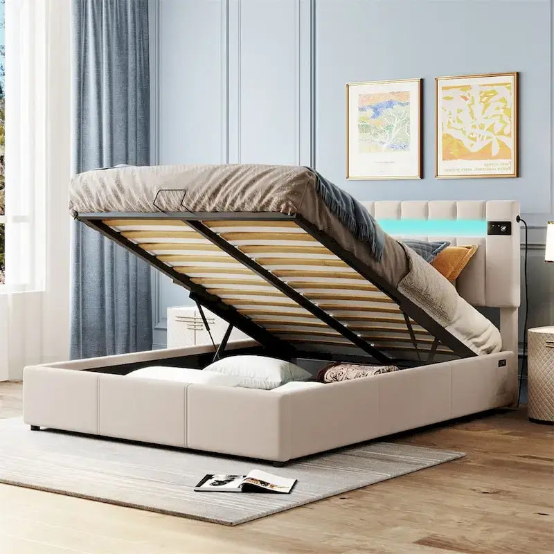 Letto contenitore idraulico imbottito Merax con luce LED, lettore Bluetooth e ricarica USB