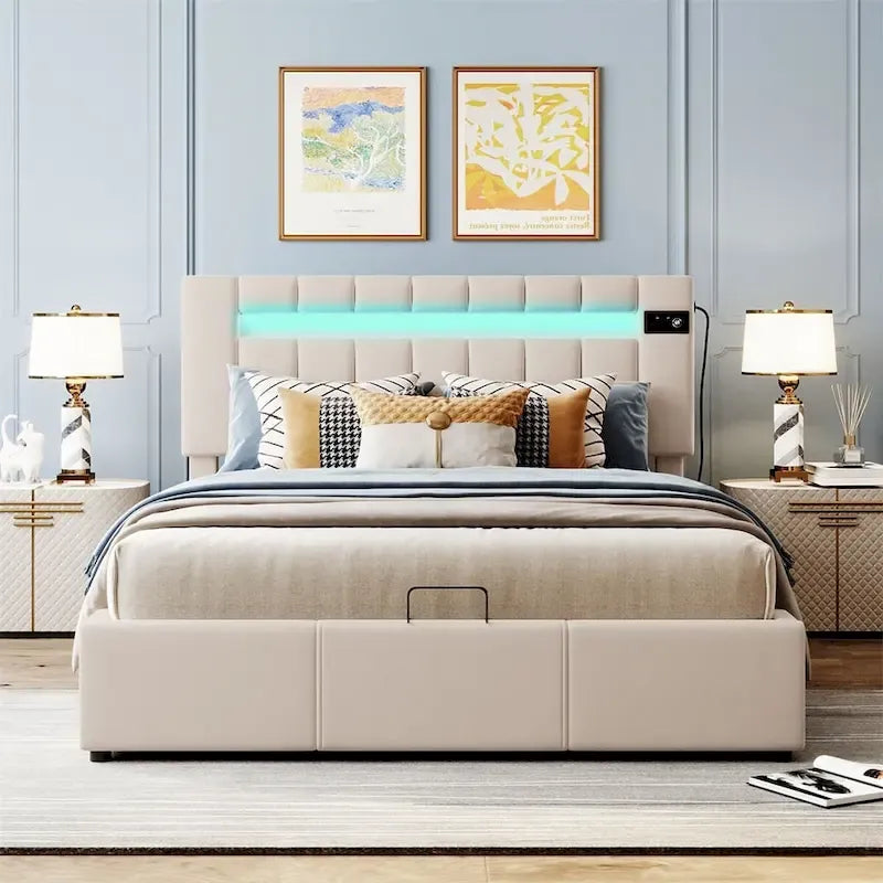 Letto contenitore idraulico imbottito Merax con luce LED, lettore Bluetooth e ricarica USB
