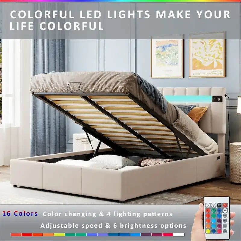Letto contenitore idraulico imbottito Merax con luce LED, lettore Bluetooth e ricarica USB
