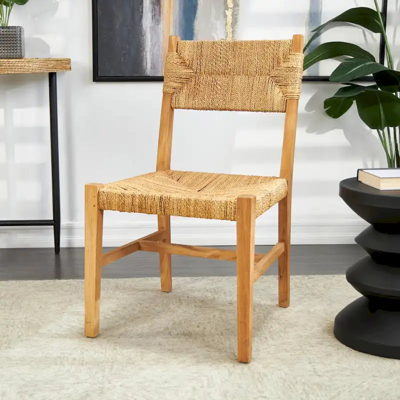 Sedia decorativa in legno di teak fatta a mano con seduta in foglia di banano intrecciata - Set di 2 marrone chiaro - Roche River Decor - 23 L x 19 P x 34 A