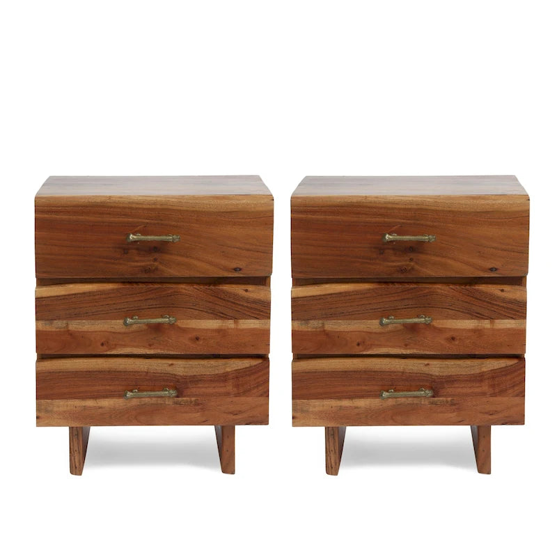 Comodino Terrell in legno di acacia boho fatto a mano con 3 cassetti (set di 2) di Christopher Knight Home