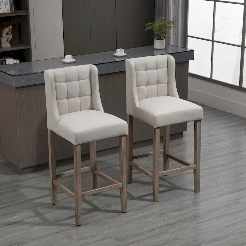 HOMCOM Set di 2 sgabelli da bar moderni, imbottiti e trapuntati, con schienale e gambe in legno di caucciù, per cucina e sala da pranzo