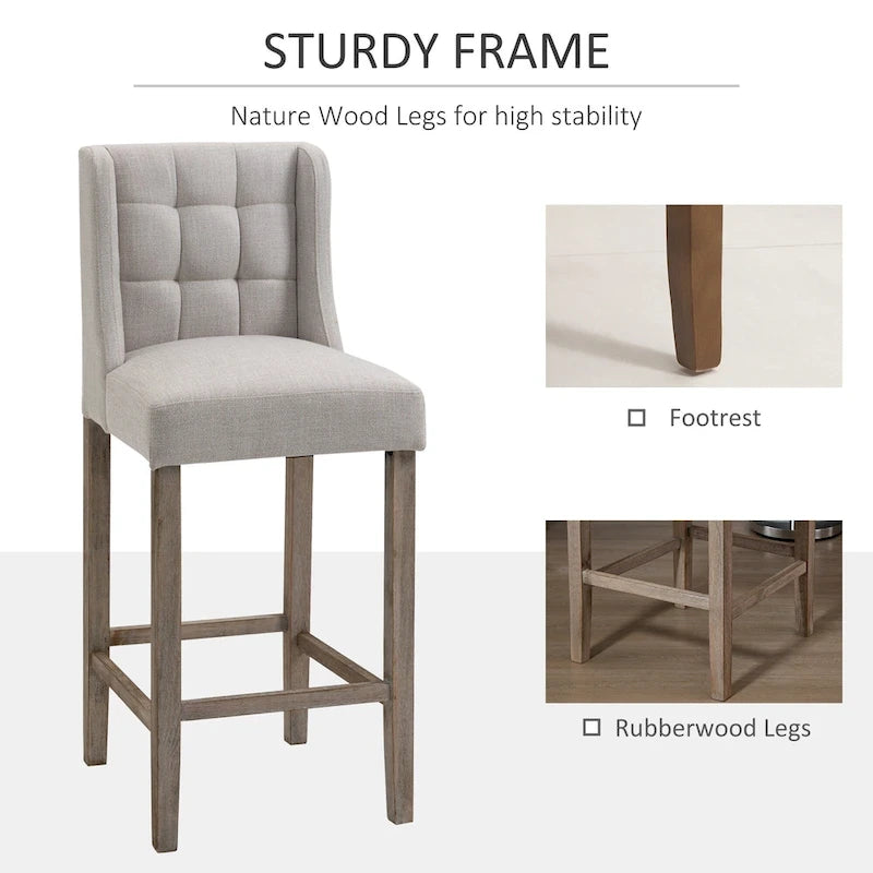 HOMCOM Set di 2 sgabelli da bar moderni, imbottiti e trapuntati, con schienale e gambe in legno di caucciù, per cucina e sala da pranzo