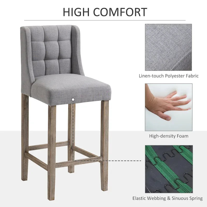 HOMCOM Set di 2 sgabelli da bar moderni, imbottiti e trapuntati, con schienale e gambe in legno di caucciù, per cucina e sala da pranzo