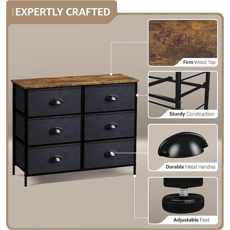 Cassettiera piccola Sorbus con 6 cassetti - Ripiano superiore in stile rustico in legno