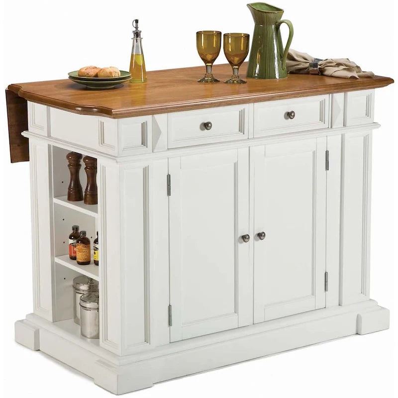 Set da cucina con isola in rovere bianco sporco anticato Americana di Homestyles con due sgabelli da bancone