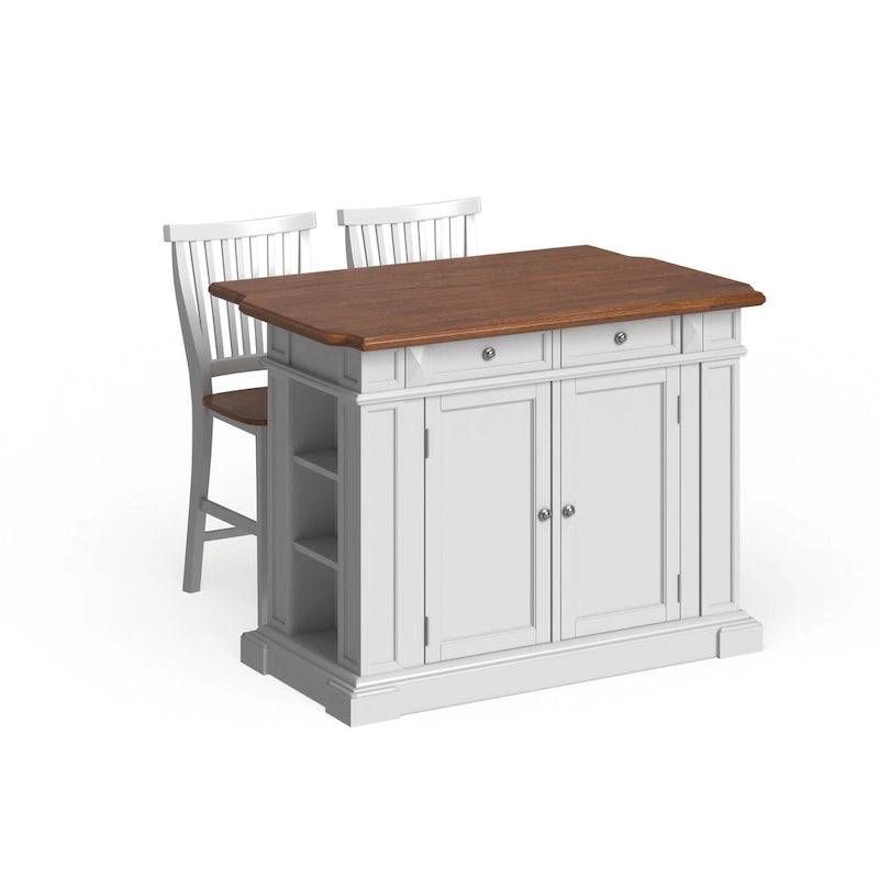 Set da cucina con isola in rovere bianco sporco anticato Americana di Homestyles con due sgabelli da bancone