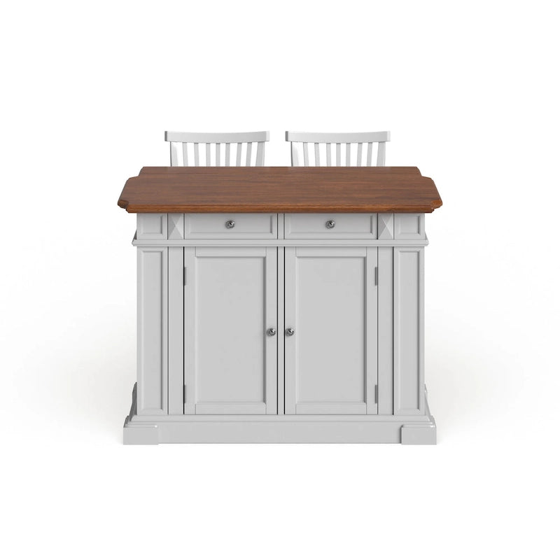 Set da cucina con isola in rovere bianco sporco anticato Americana di Homestyles con due sgabelli da bancone