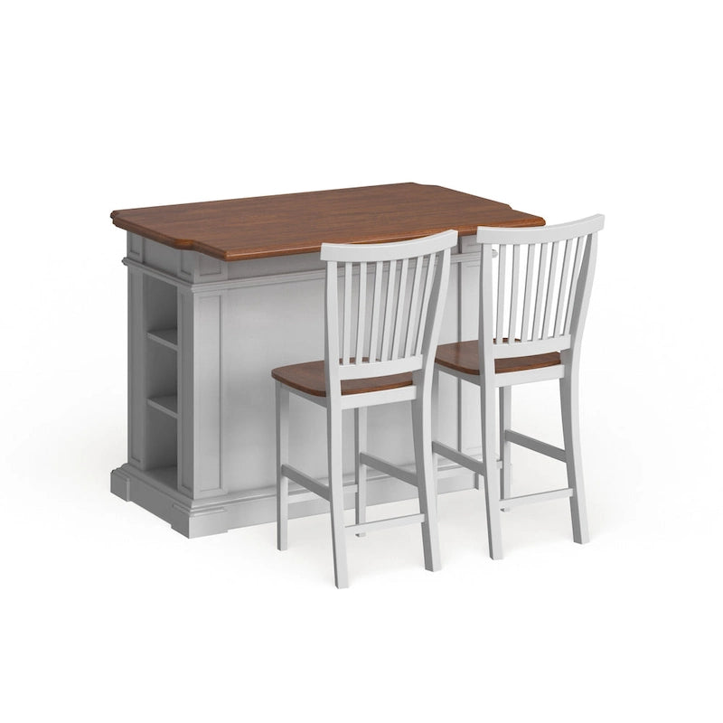 Set da cucina con isola in rovere bianco sporco anticato Americana di Homestyles con due sgabelli da bancone