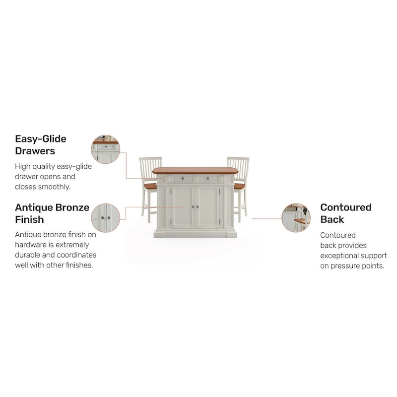 Set da cucina con isola in rovere bianco sporco anticato Americana di Homestyles con due sgabelli da bancone