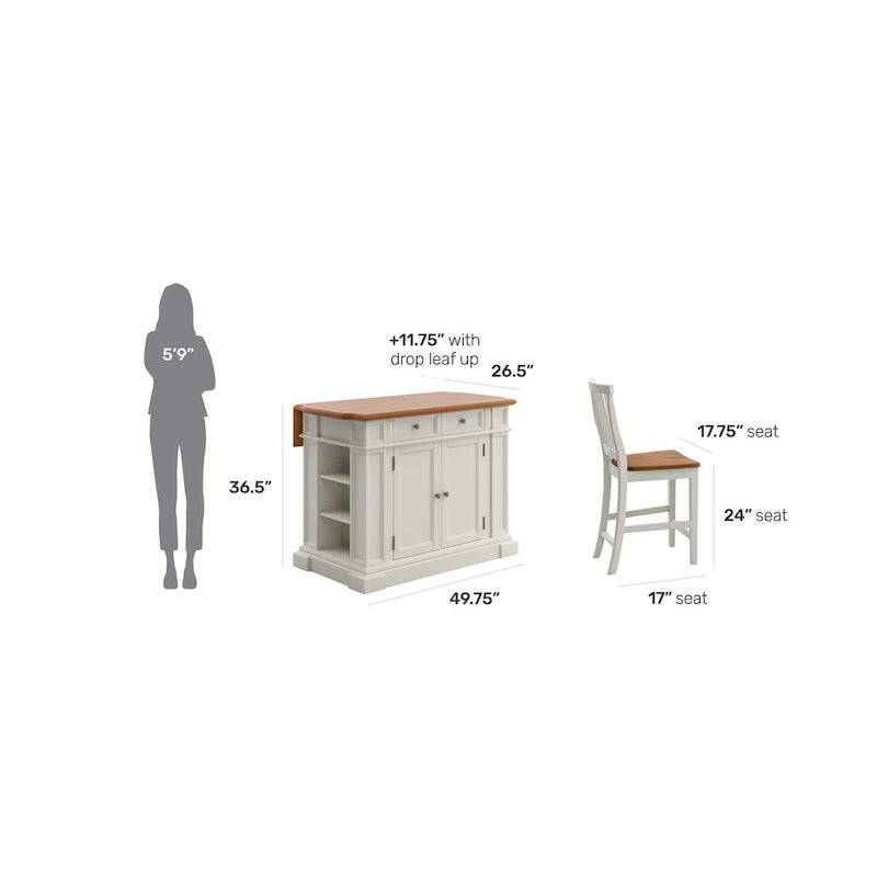 Set da cucina con isola in rovere bianco sporco anticato Americana di Homestyles con due sgabelli da bancone