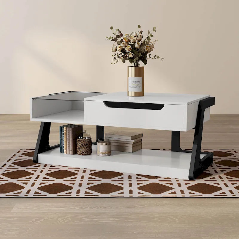 Tavolino da caffè moderno DH BASIC bianco da 49 pollici con piano sollevabile di Denhour