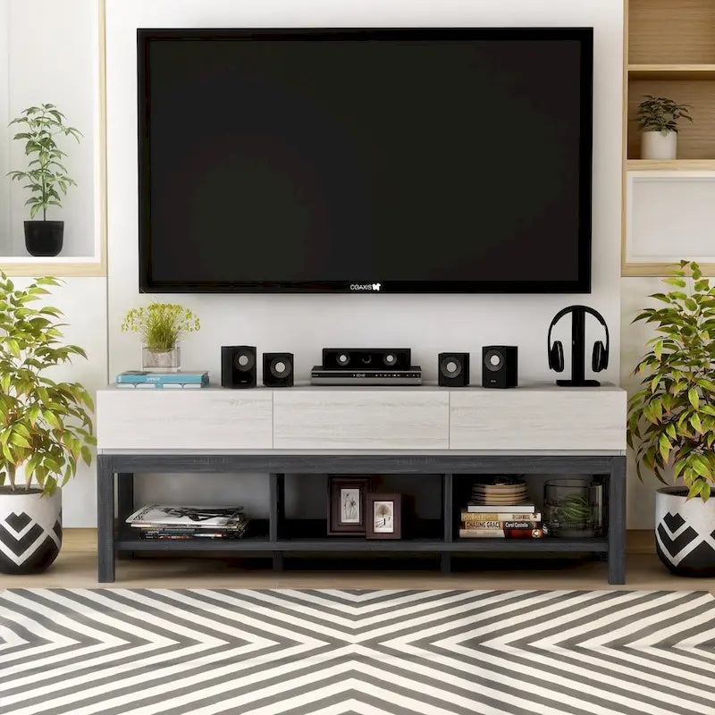 Mobile TV moderno Tiska da 60 pollici a 3 ripiani bianco e grigio di Furniture of America