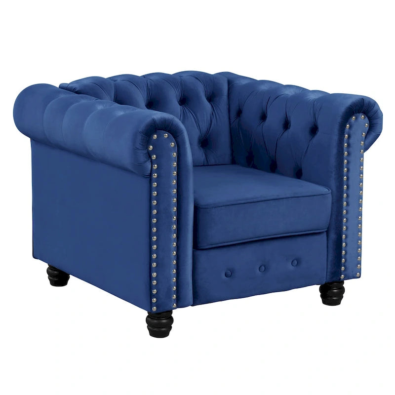 Poltrona Chesterfield in velluto Morden Fort, poltrona imbottita con bottoni, borchie e gambe in legno massello per soggiorno