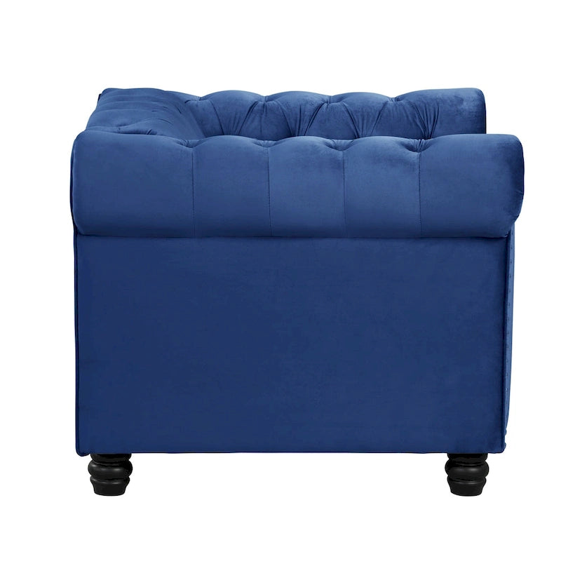 Poltrona Chesterfield in velluto Morden Fort, poltrona imbottita con bottoni, borchie e gambe in legno massello per soggiorno