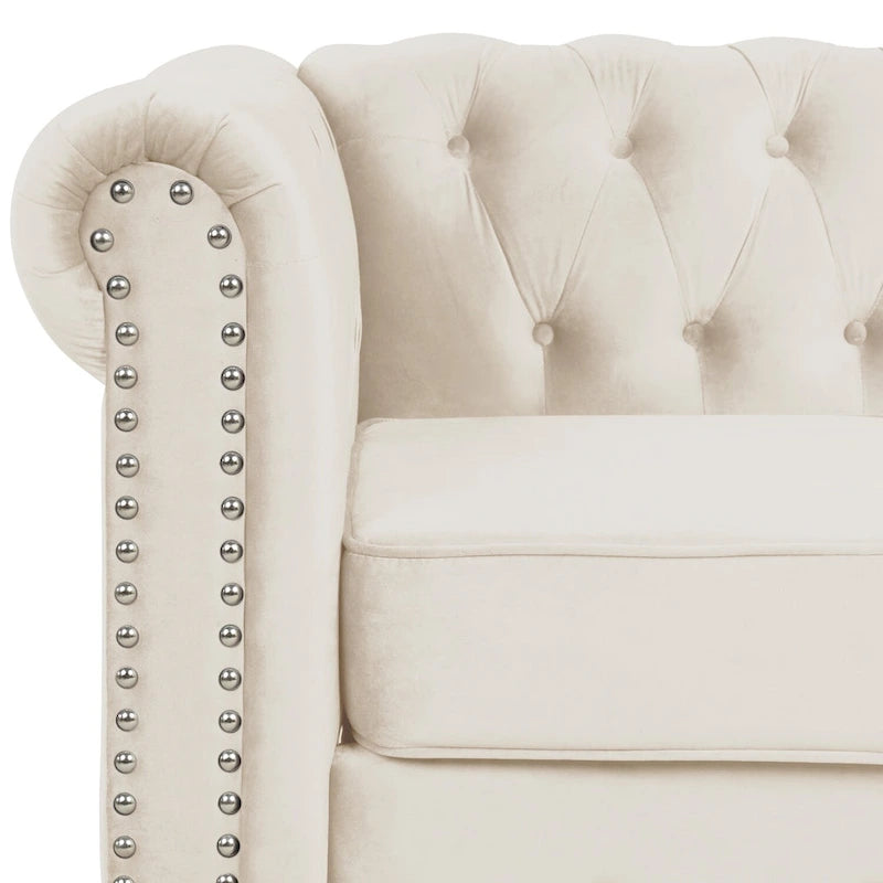 Poltrona Chesterfield in velluto Morden Fort, poltrona imbottita con bottoni, borchie e gambe in legno massello per soggiorno