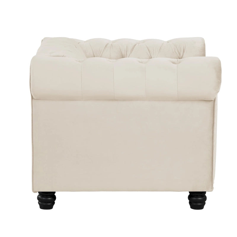 Poltrona Chesterfield in velluto Morden Fort, poltrona imbottita con bottoni, borchie e gambe in legno massello per soggiorno