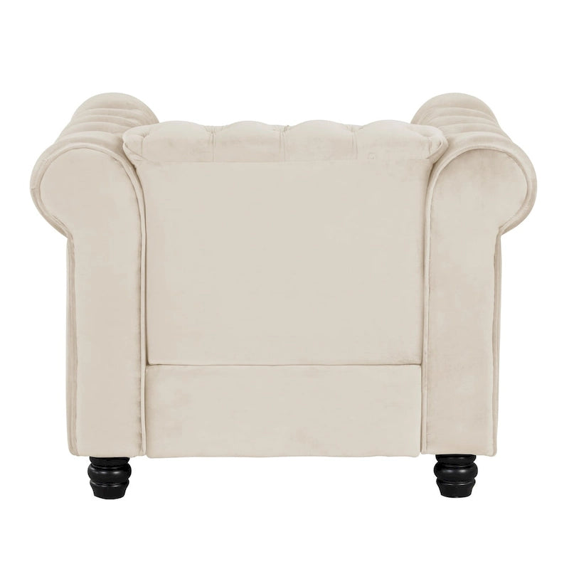 Poltrona Chesterfield in velluto Morden Fort, poltrona imbottita con bottoni, borchie e gambe in legno massello per soggiorno