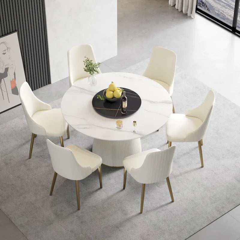 Tavolo da pranzo rotondo da 53 pollici per 6 persone, piano moderno in pietra sinterizzata bianca con Lazy Susan - N/D