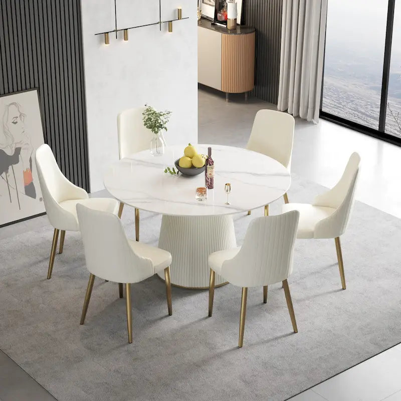 53  Round Dining Table for 6, Modern White Sintered Stone Tabletop with Lazy Susan - N/A