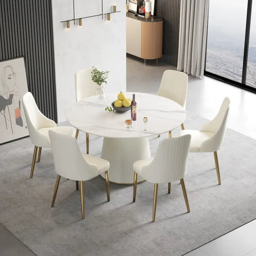 53  Round Dining Table for 6, Modern White Sintered Stone Tabletop with Lazy Susan - N/A