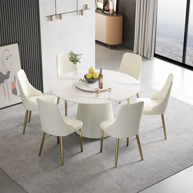 Tavolo da pranzo rotondo da 53 pollici per 6 persone, piano moderno in pietra sinterizzata bianca con Lazy Susan - N/D